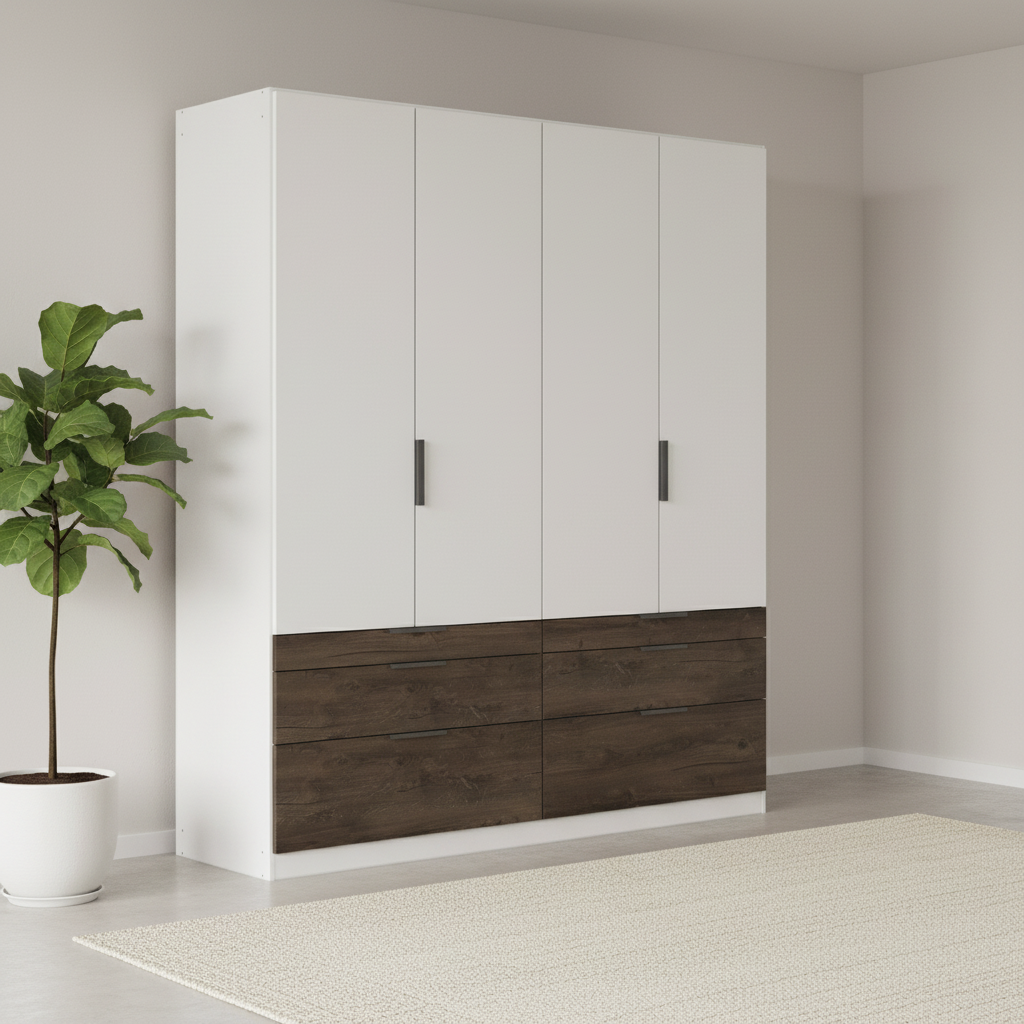 Kodi white wardrobe showing the three graduated drawer depths beneath each pair of doors