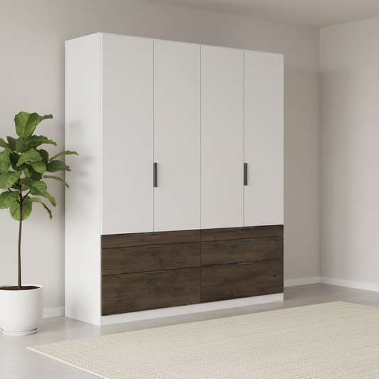 Kodi white wardrobe showing the three graduated drawer depths beneath each pair of doors
