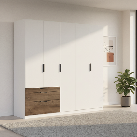 Rauch Kodi White 5 Door Wardrobe with 3 Drawers – 226cm