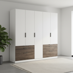 Kodi white 271cm large wardrobe showing the full-height centre section between the two drawer banks