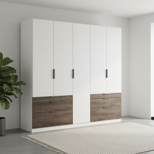 Kodi white 271cm large wardrobe showing the full-height centre section between the two drawer banks