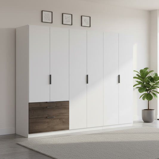 Rauch Kodi large six door wardrobe in White with three Atlantic Dark Oak drawer fronts