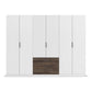 A modern six-door wardrobe with five white doors and two dark brown wood drawers at the bottom center, featuring slim silver handles.