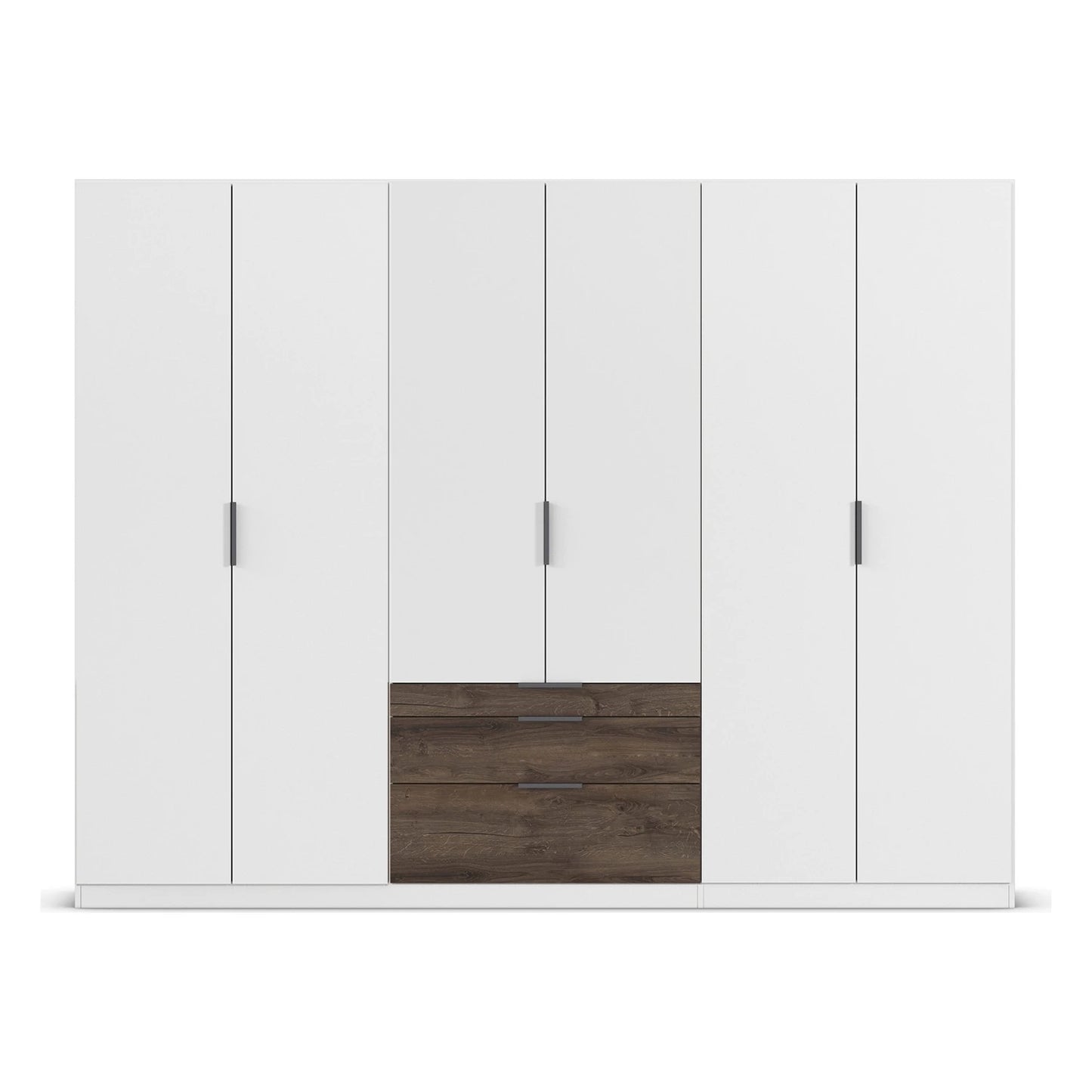 A modern six-door wardrobe with five white doors and two dark brown wood drawers at the bottom center, featuring slim silver handles.