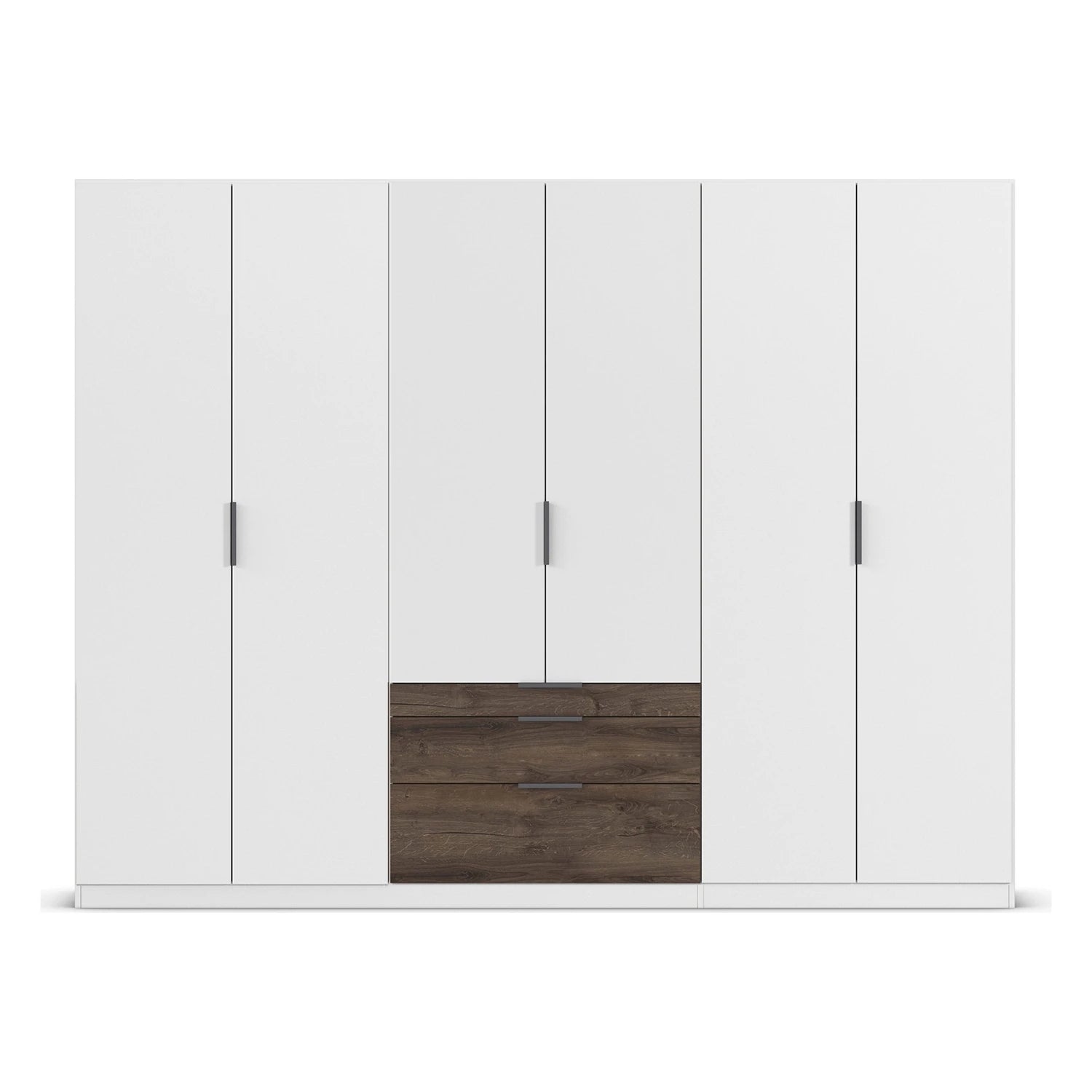 A modern six-door wardrobe with five white doors and two dark brown wood drawers at the bottom center, featuring slim silver handles.