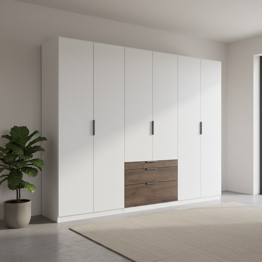 Rauch Kodi large six door wardrobe in White with three Atlantic Dark Oak drawer fronts