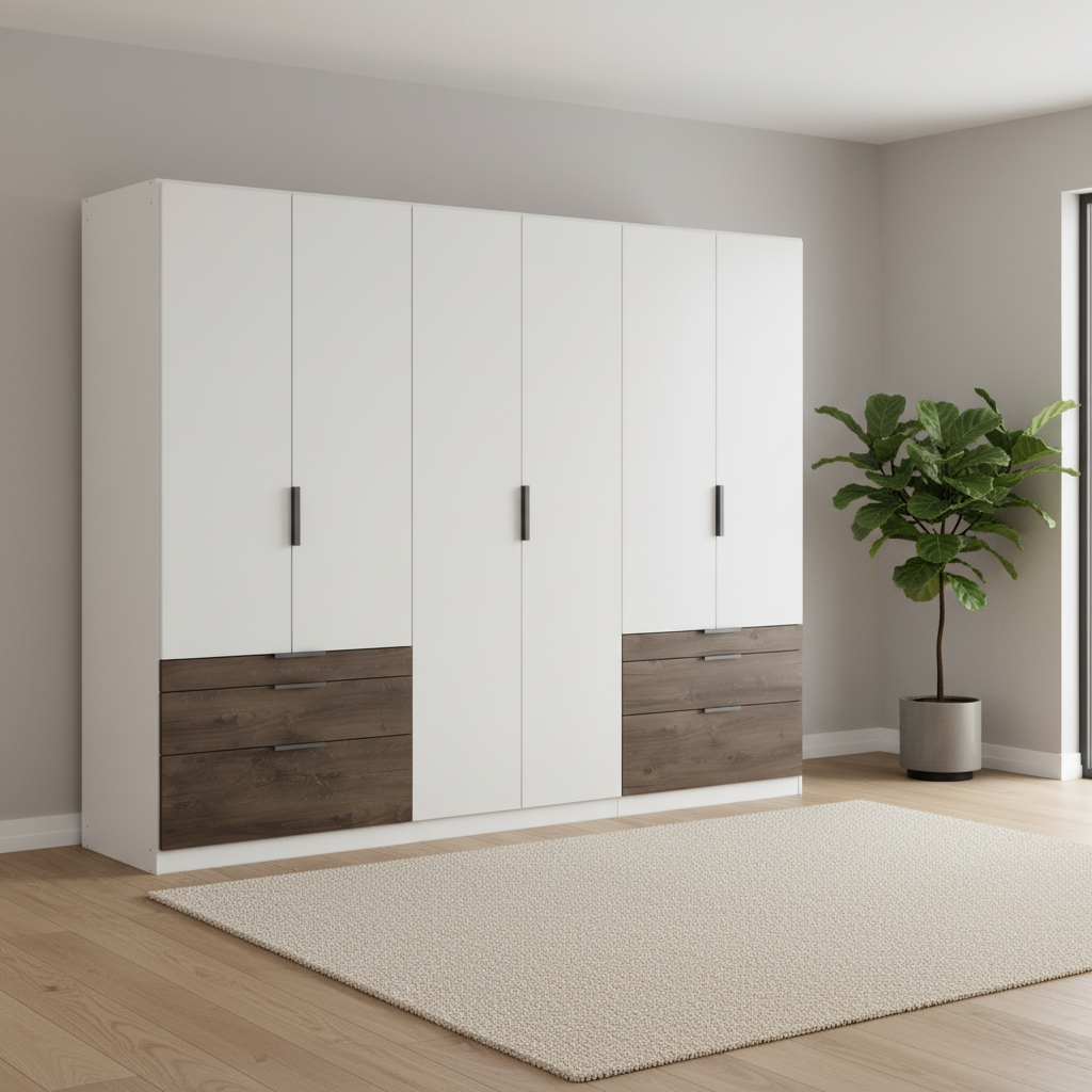 Kodi white 271cm large wardrobe showing the full-height centre section between the two drawer banks