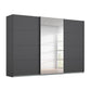 A modern dark gray sliding wardrobe with mirrored glass doors and a slim silver metal frame, shown against a plain white background.