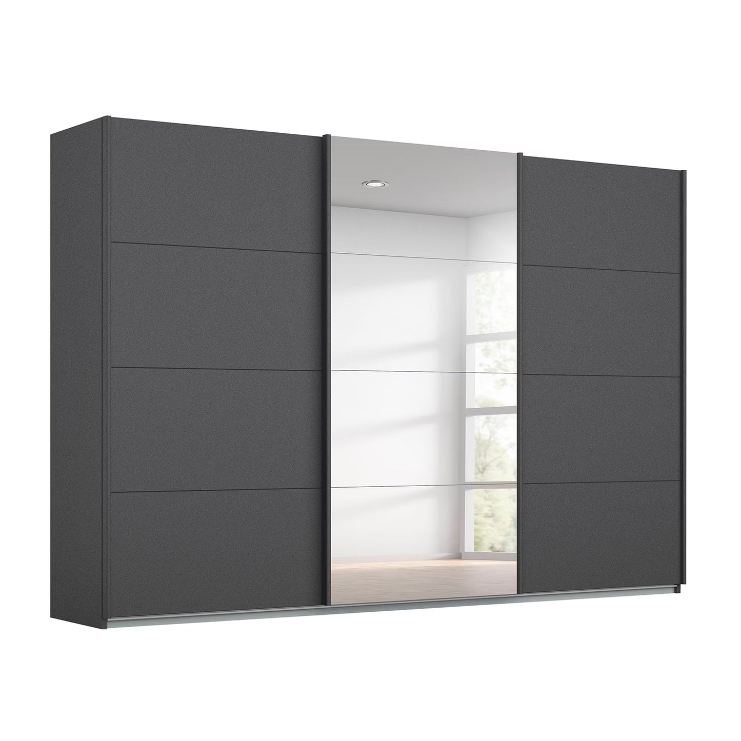 A modern dark gray sliding wardrobe with mirrored glass doors and a slim silver metal frame, shown against a plain white background.