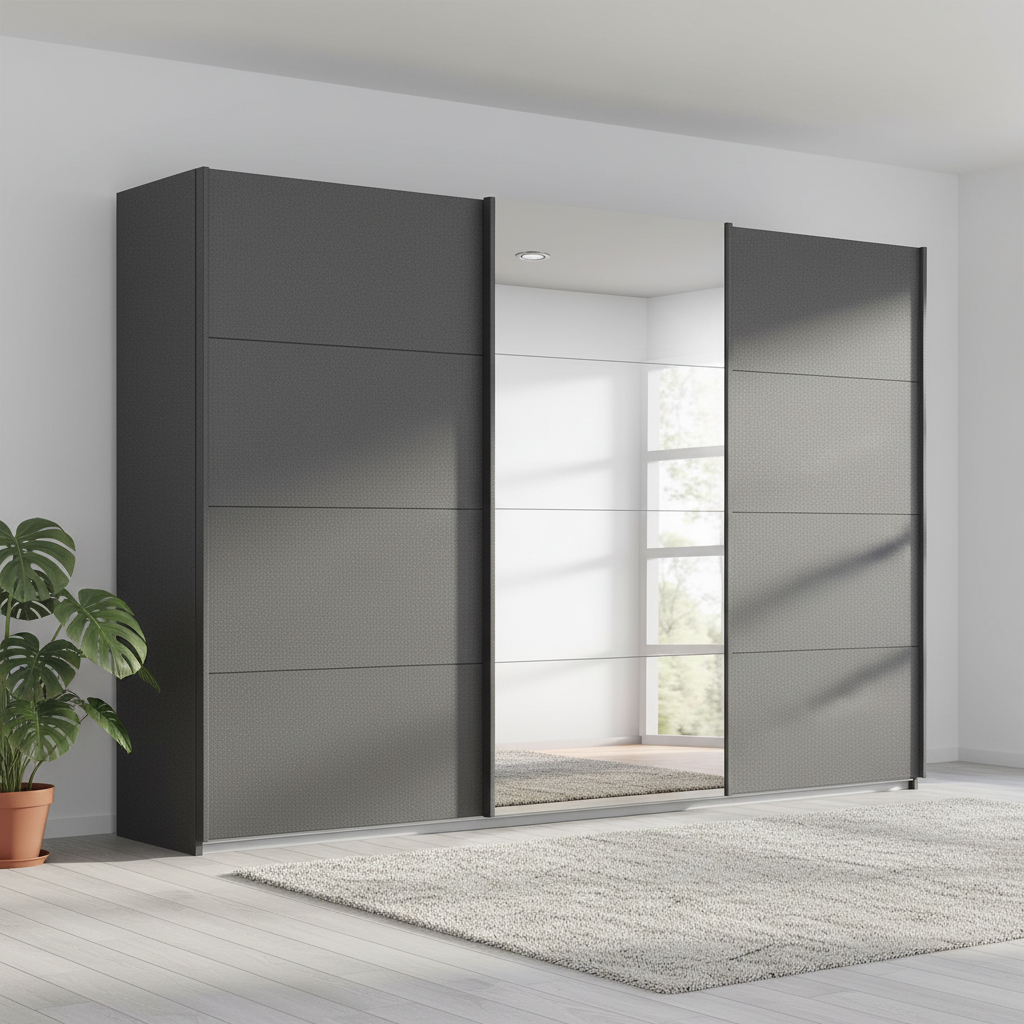 Large 271cm Wide Rauch Forms Décor Metallic Grey Sliding 3 Door Wardrobe with Mirror
