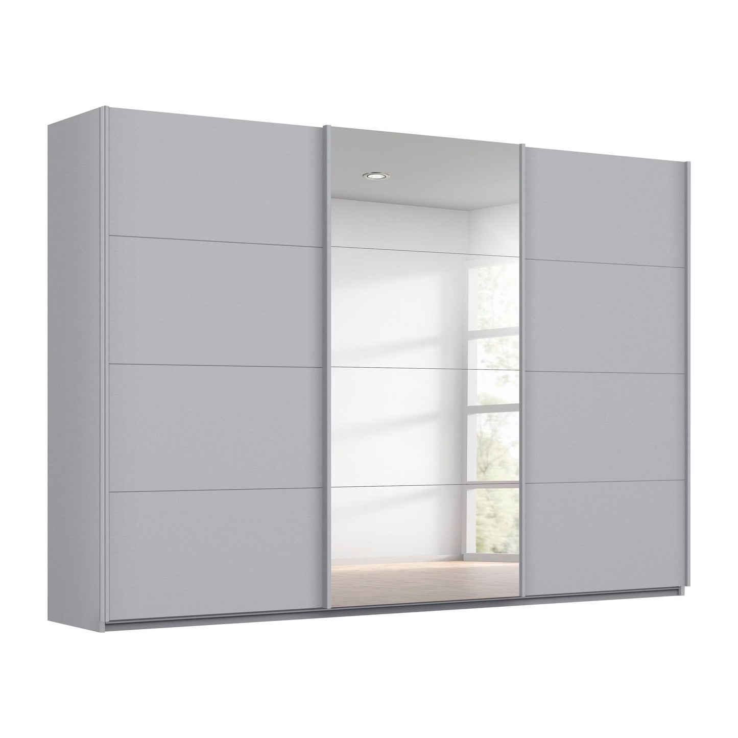 Rauch Forms three door sliding wardrobe in matt silk grey décor with a mirrored centre door
