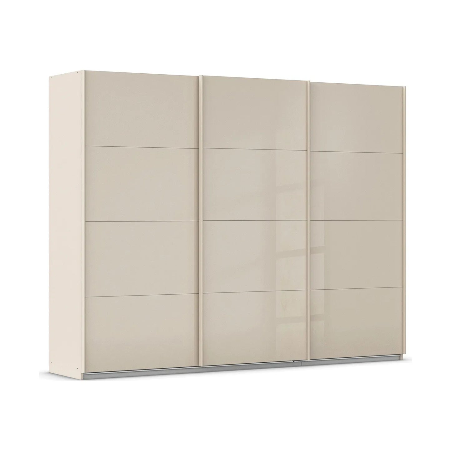 Rauch Forms three door sliding wardrobe with champagne tempered glass fronts and colour-matched bar handles show at width 271cm