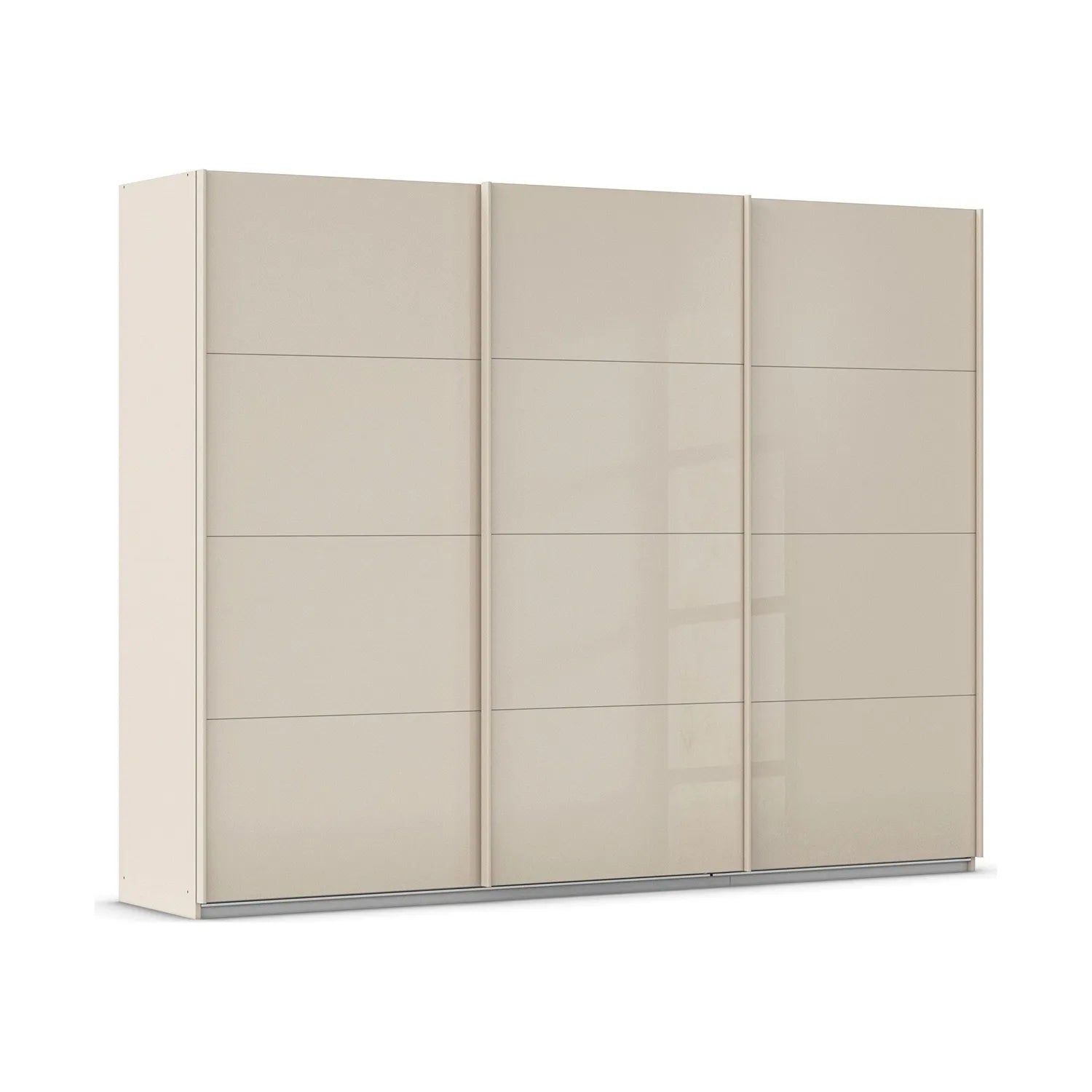 Rauch Forms three door sliding wardrobe with champagne tempered glass fronts and colour-matched bar handles show at width 271cm