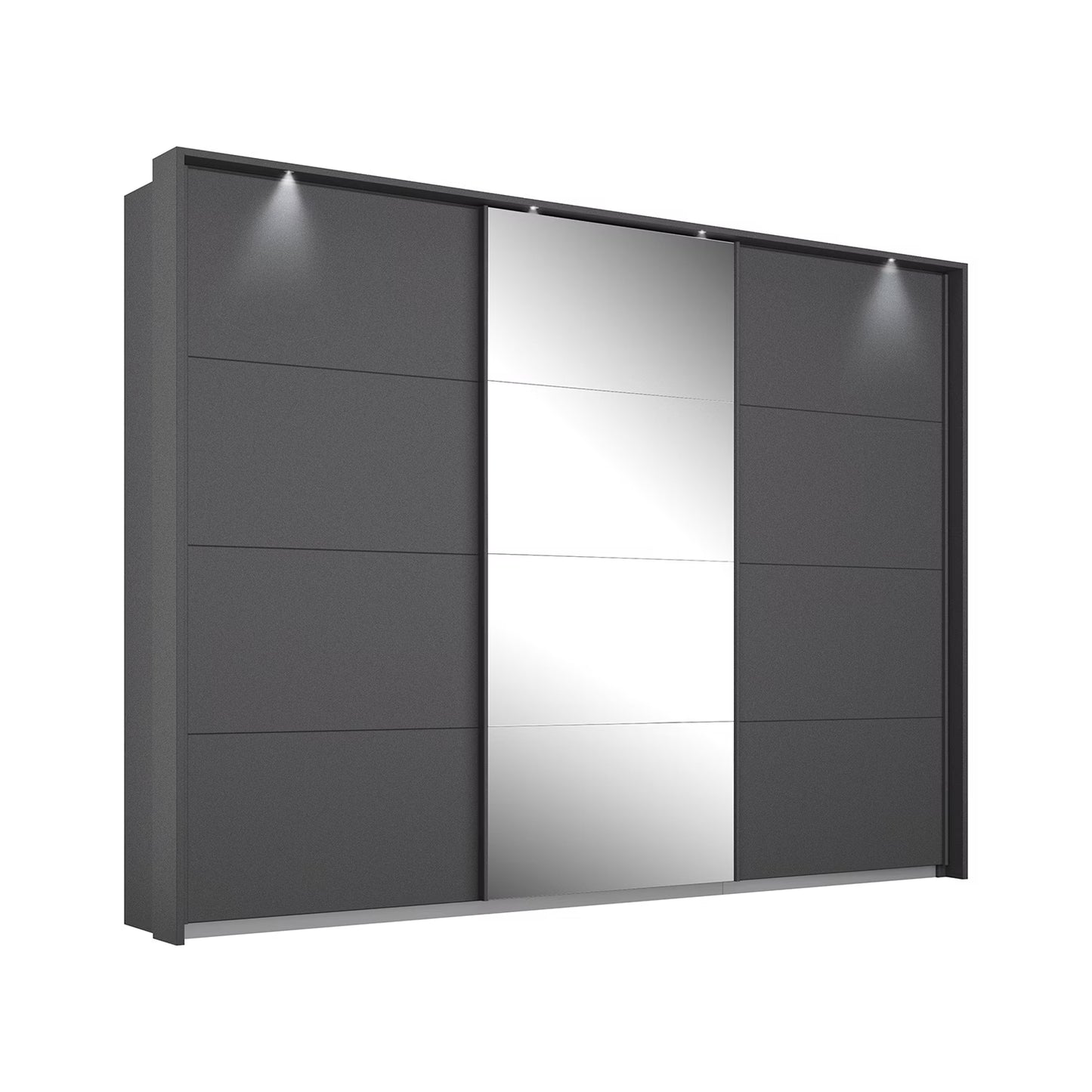 Rauch Forms three door sliding wardrobe in matt metallic grey with a mirrored centre door and Light Frame