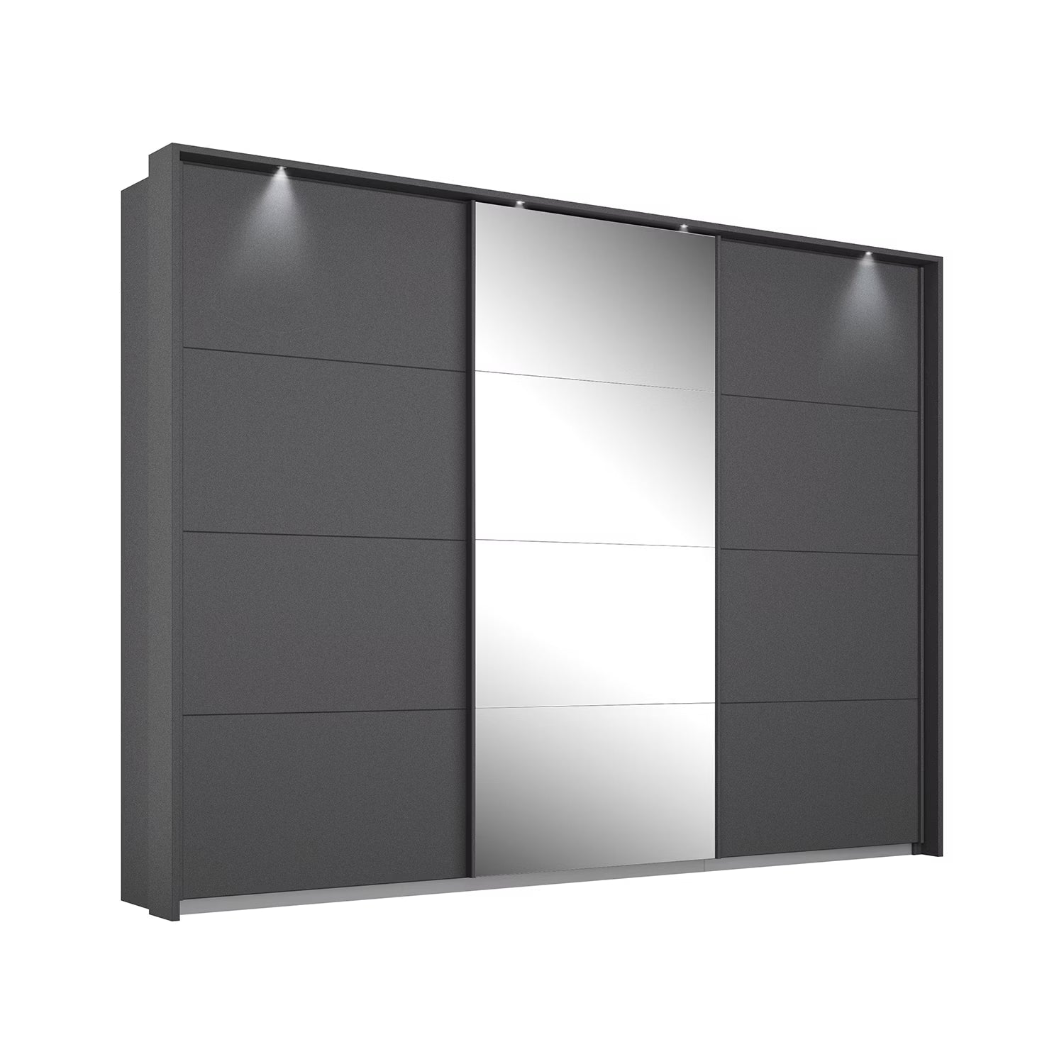 Rauch Forms three door sliding wardrobe in matt metallic grey with a mirrored centre door and Light Frame
