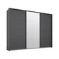 Metallic grey Forms sliding wardrobe showing the Silk Grey base plinth beneath the dark doors and mirror with PPT frame