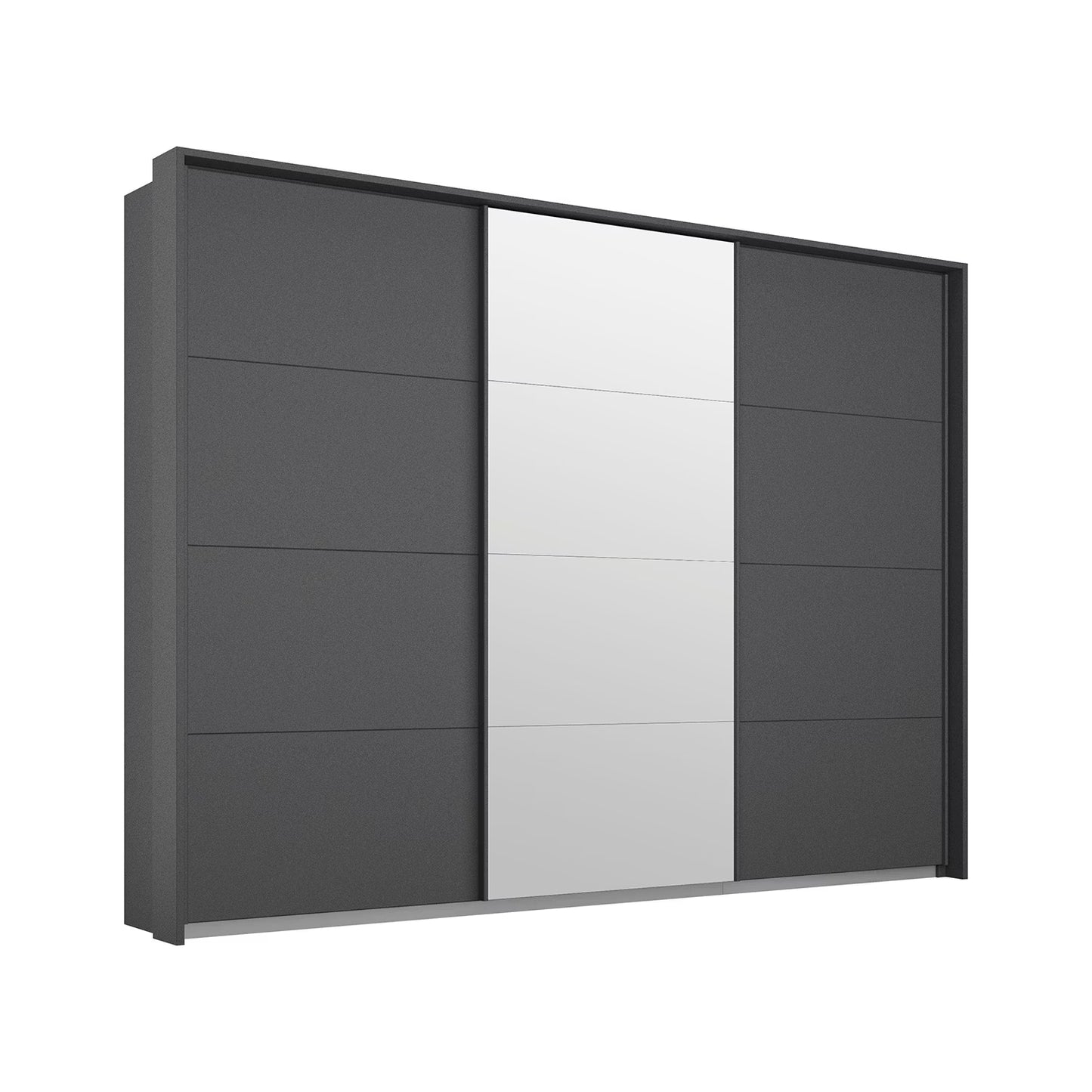 Metallic grey Forms sliding wardrobe showing the Silk Grey base plinth beneath the dark doors and mirror with PPT frame