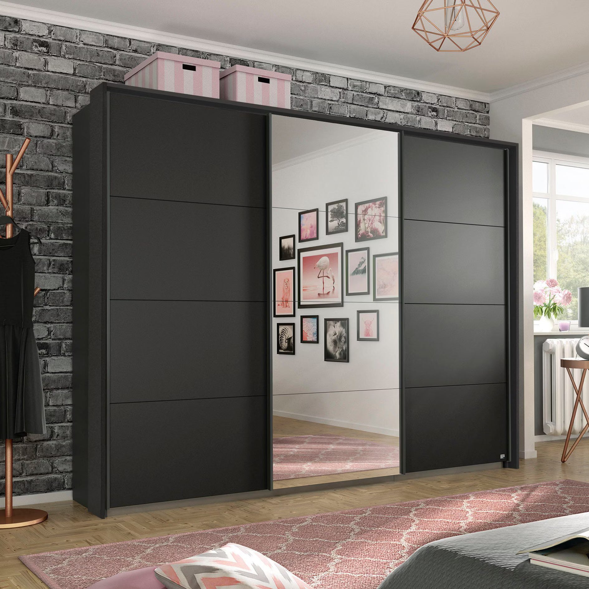 Large 271cm Wide Rauch Forms Décor Metallic Grey Sliding 3 Door Wardrobe with Mirror and Passepartout Frame