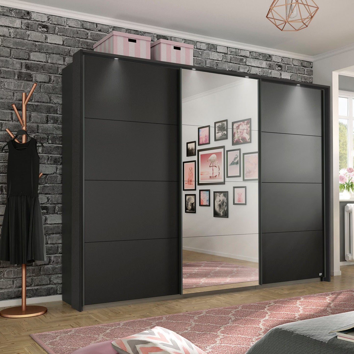 Large 271cm Wide Rauch Forms Décor Metallic Grey Sliding 3 Door Wardrobe with Mirror and Passepartout LED Light Frame