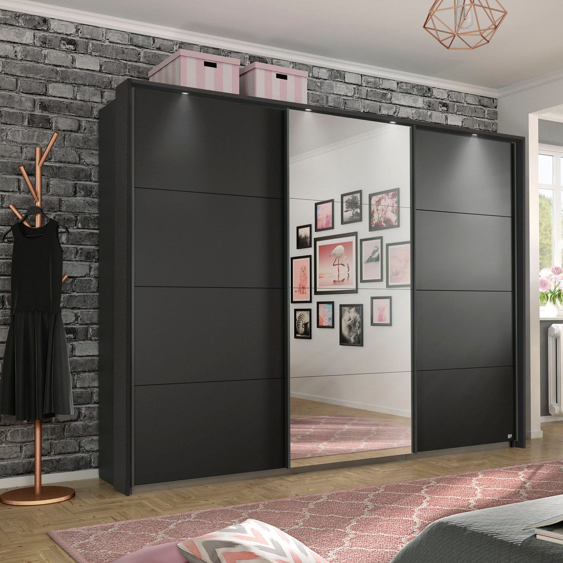 Large 271cm Wide Rauch Forms Décor Metallic Grey Sliding 3 Door Wardrobe with Mirror and Passepartout LED Light Frame