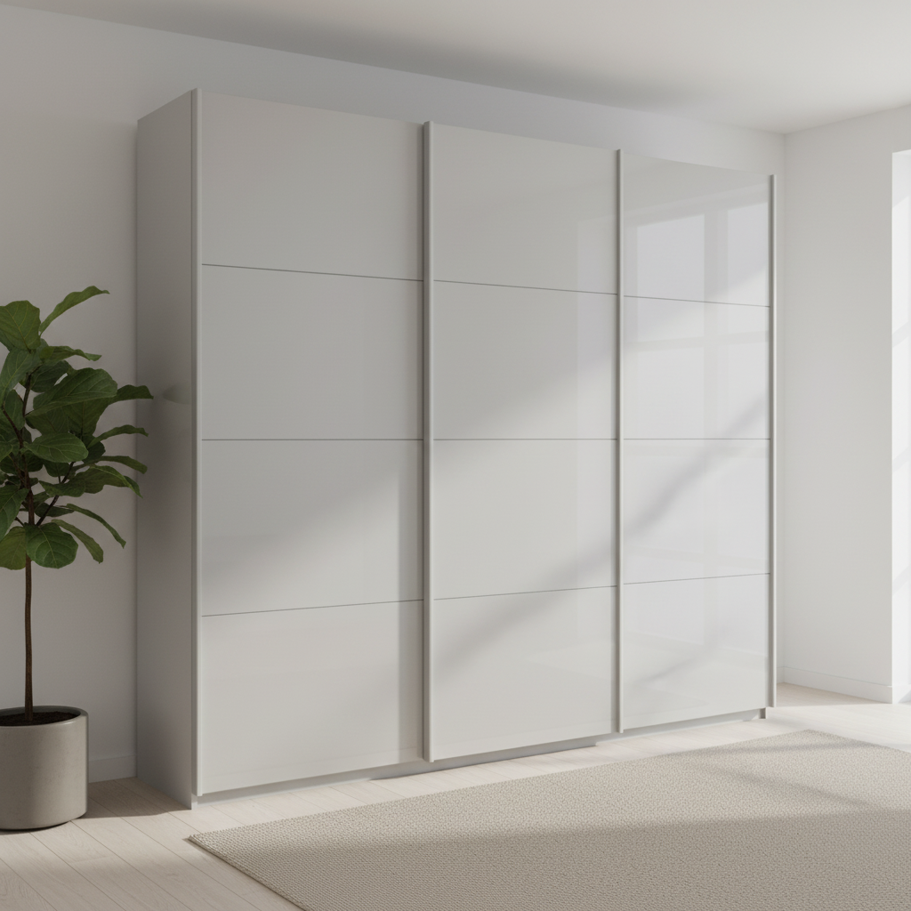 German-made Rauch Forms 3 door sliding wardrobe with silk grey tempered glass fronts. 203cm or 271cm wide, two heights. Free delivery, 10-year guarantee.

