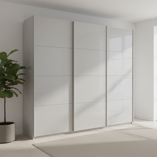 German-made Rauch Forms 3 door sliding wardrobe with silk grey tempered glass fronts. 203cm or 271cm wide, two heights. Free delivery, 10-year guarantee.

