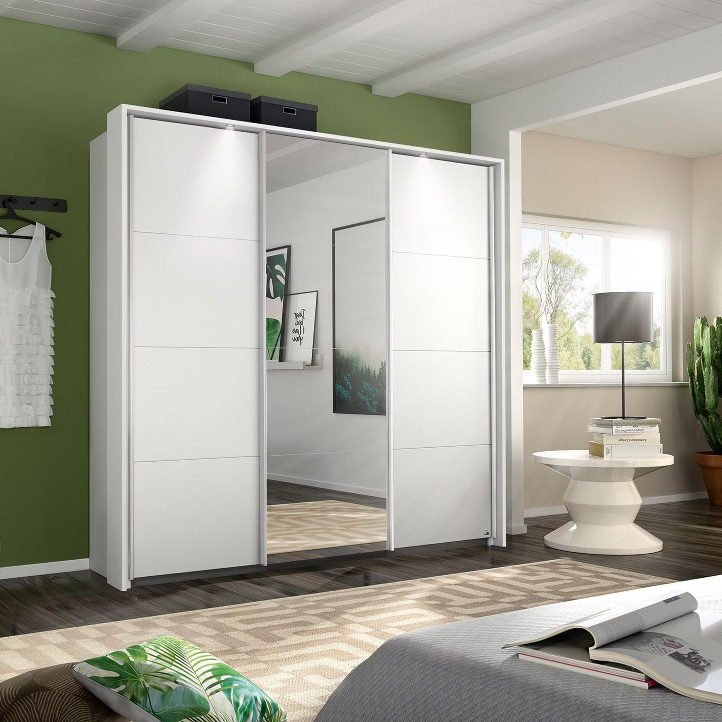 Rauch White Forms sliding wardrobe W203cm showing the Silk Grey base plinth beneath the white and mirrored doors and Passepartout Light Frame
