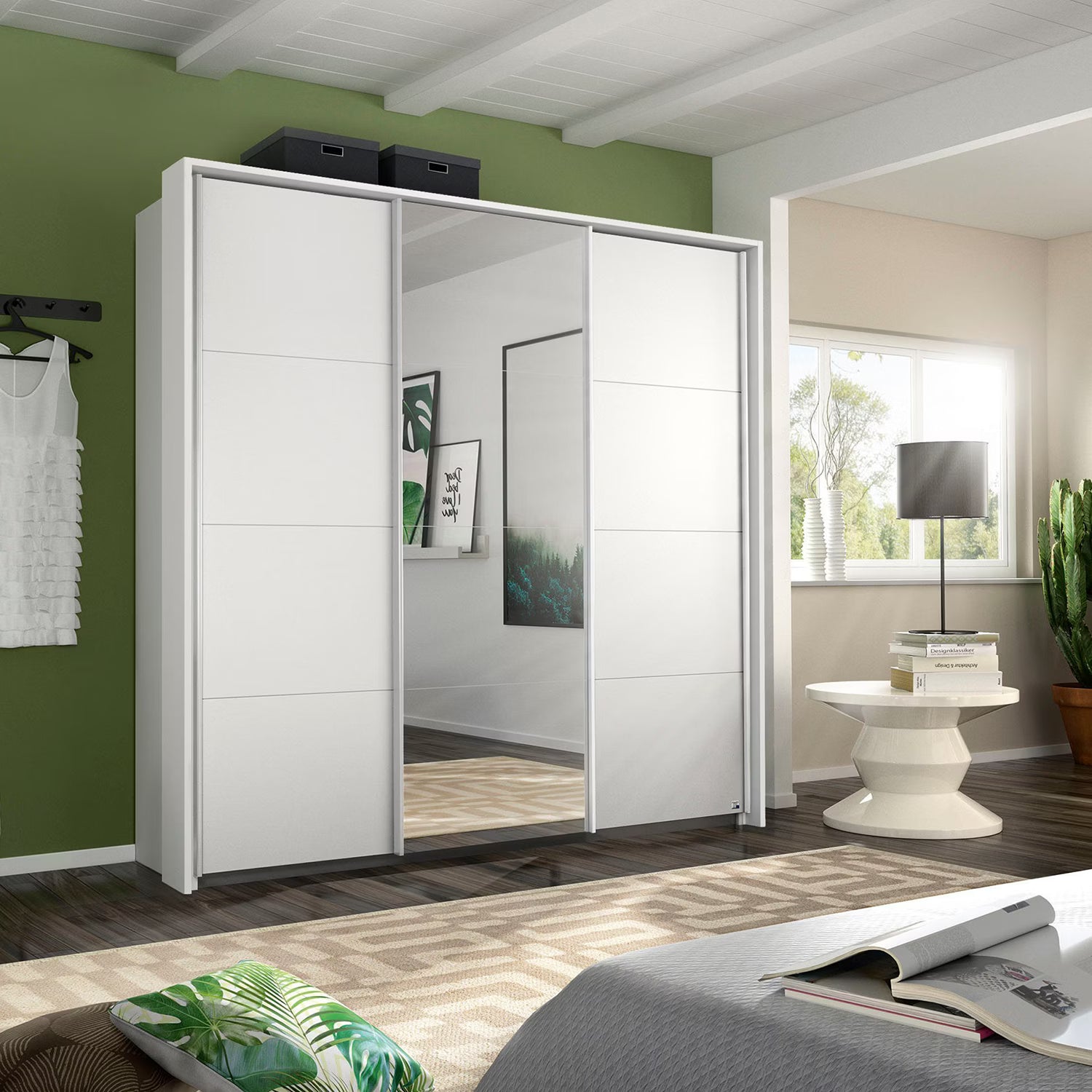 Rauch White Forms sliding wardrobe W203cm showing the Silk Grey base plinth beneath the white and mirrored doors and Passepartout Frame