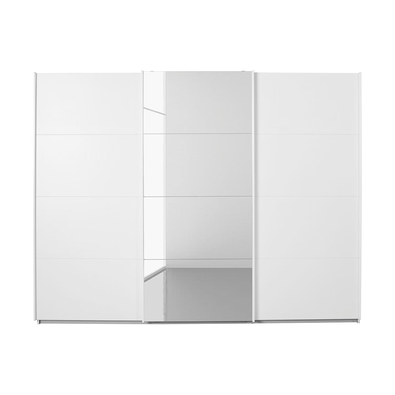 A modern three-door sliding wardrobe with two white solid doors and one mirrored center door, shown against a plain white background.