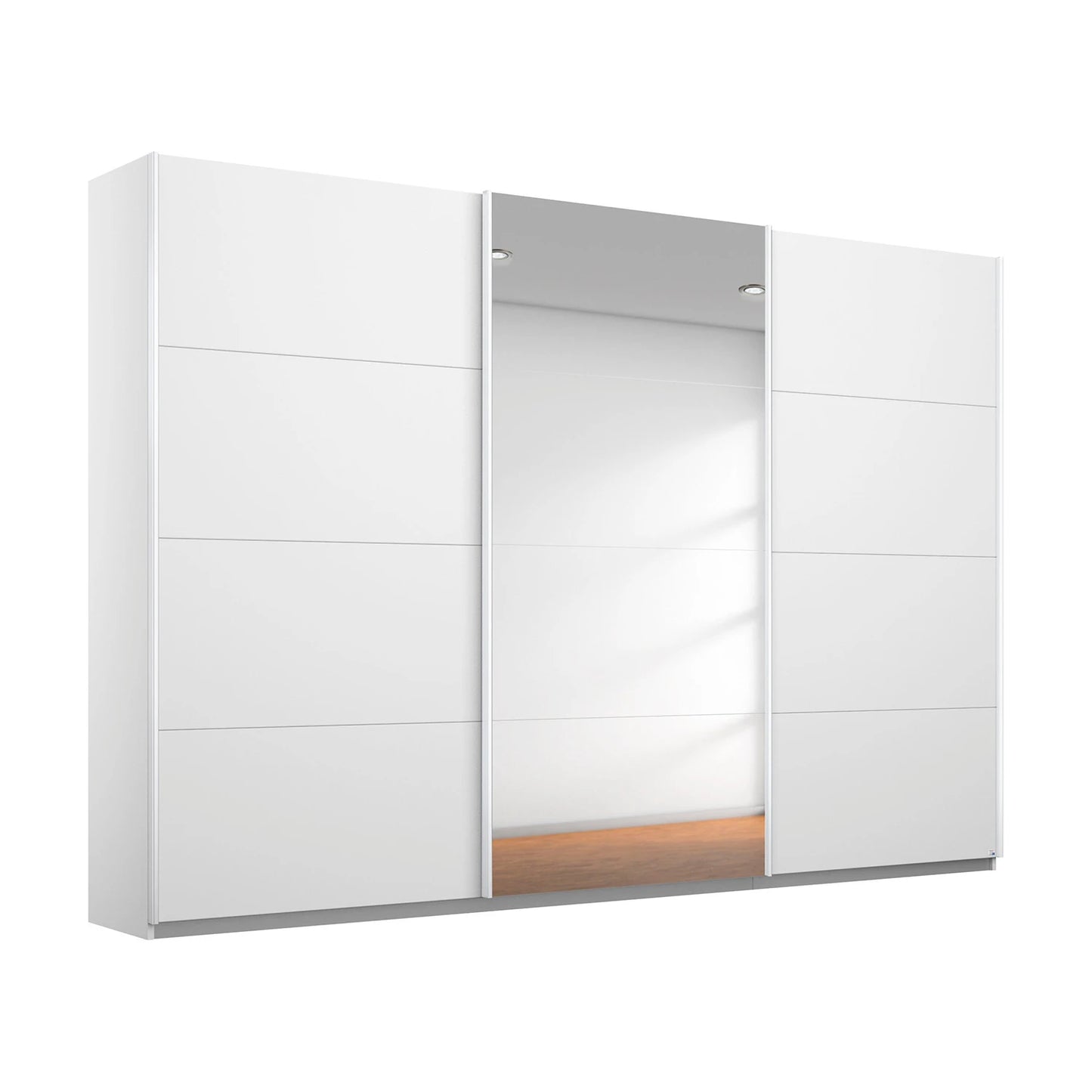 A modern Rauch Kulmbach Forms white sliding wardrobe door set with two doors open to reveal a mirrored back panel and a glimpse of a wooden floor, shown against a plain white background.