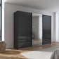 Rauch Forms three door sliding wardrobe with basalt black glass fronts and a mirrored centre door
