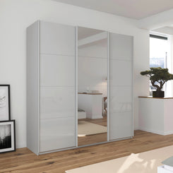 German-made Rauch Forms 3 door sliding wardrobe with silk grey tempered glass fronts and a mirrored centre door. 203cm or 271cm. Free delivery.
