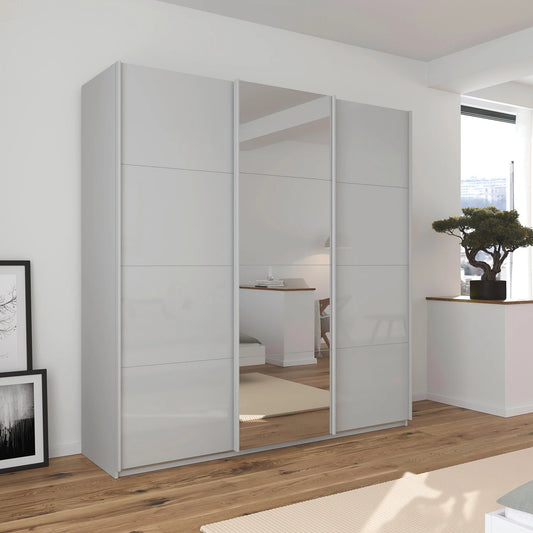 German-made Rauch Forms 3 door sliding wardrobe with silk grey tempered glass fronts and a mirrored centre door. 203cm or 271cm. Free delivery.
