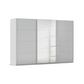 Large 271cm Wide Rauch Forms three door sliding wardrobe with silk grey tempered glass fronts and a mirrored centre door
