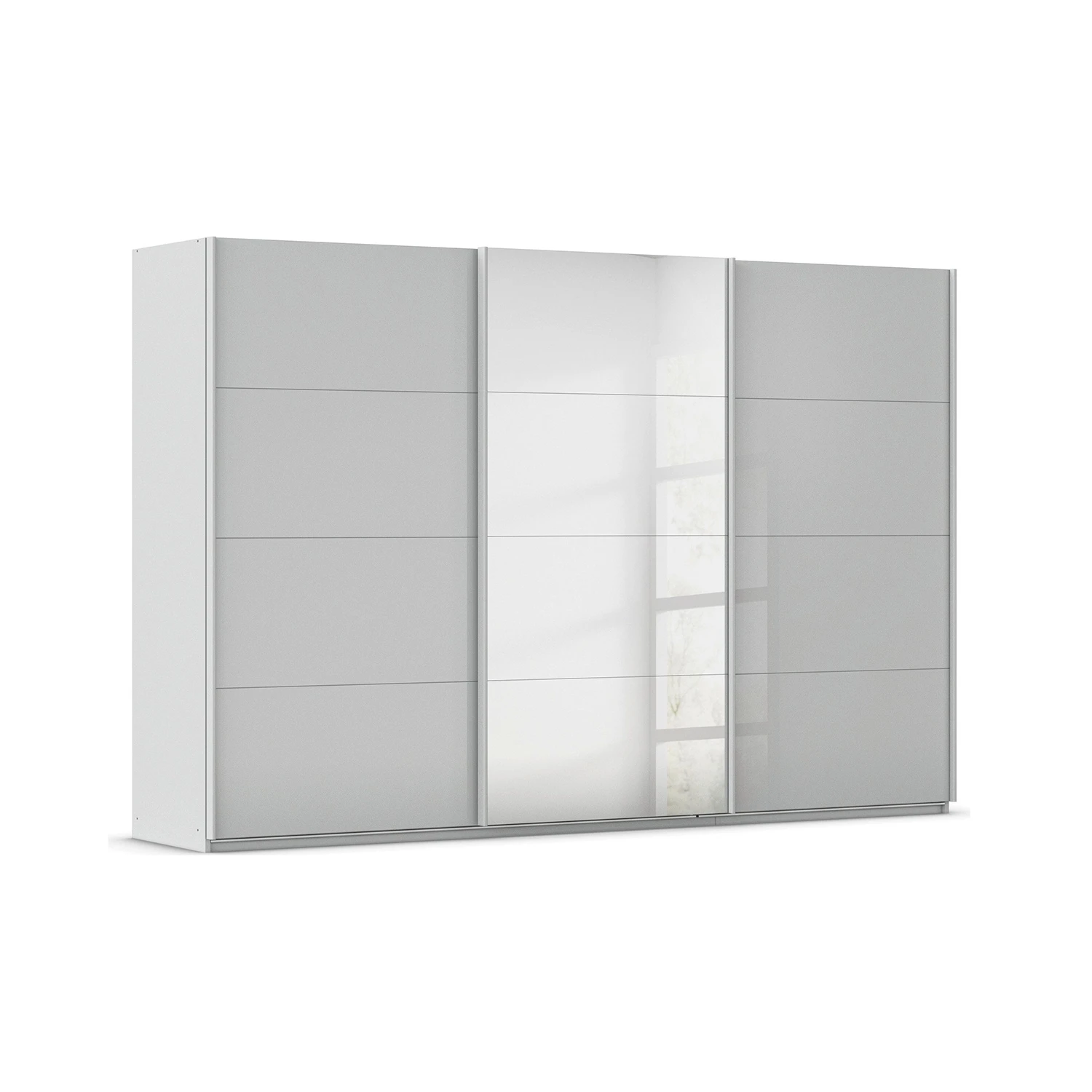 Large 271cm Wide Rauch Forms three door sliding wardrobe with silk grey tempered glass fronts and a mirrored centre door
