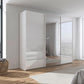 Rauch Forms three door large 271cm wide sliding wardrobe with white tempered glass fronts and a mirrored centre door

