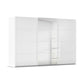 White glass Forms sliding wardrobe showing the Silk Grey base plinth beneath the doors and centre mirror


