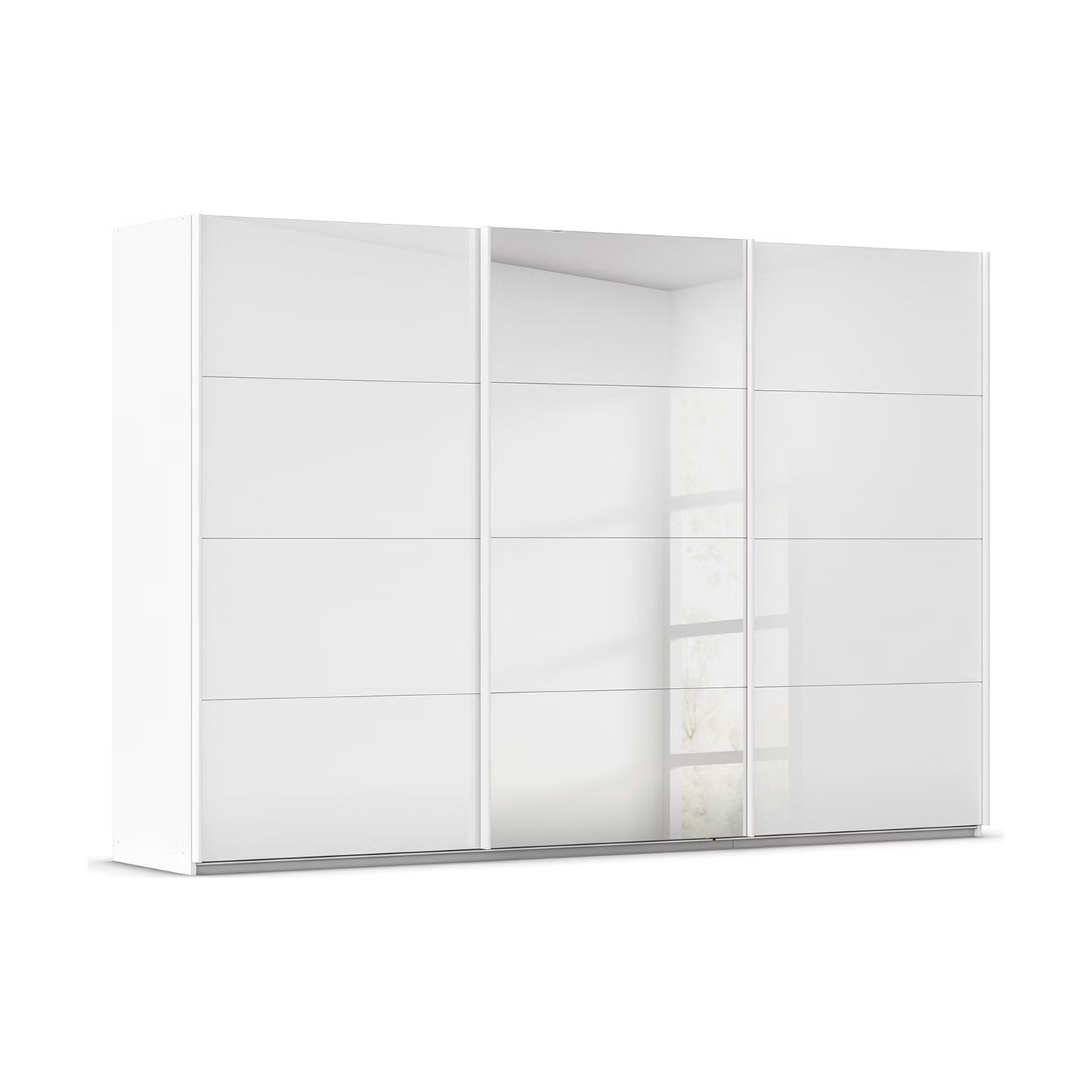 White glass Forms sliding wardrobe showing the Silk Grey base plinth beneath the doors and centre mirror

