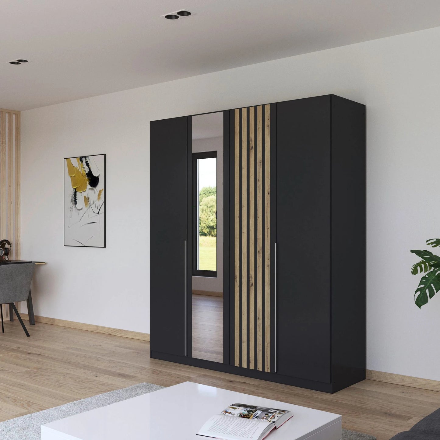 Rauch Lamela Hinged Door Wardrobe With Mirror in Metallic Grey styled in a room
