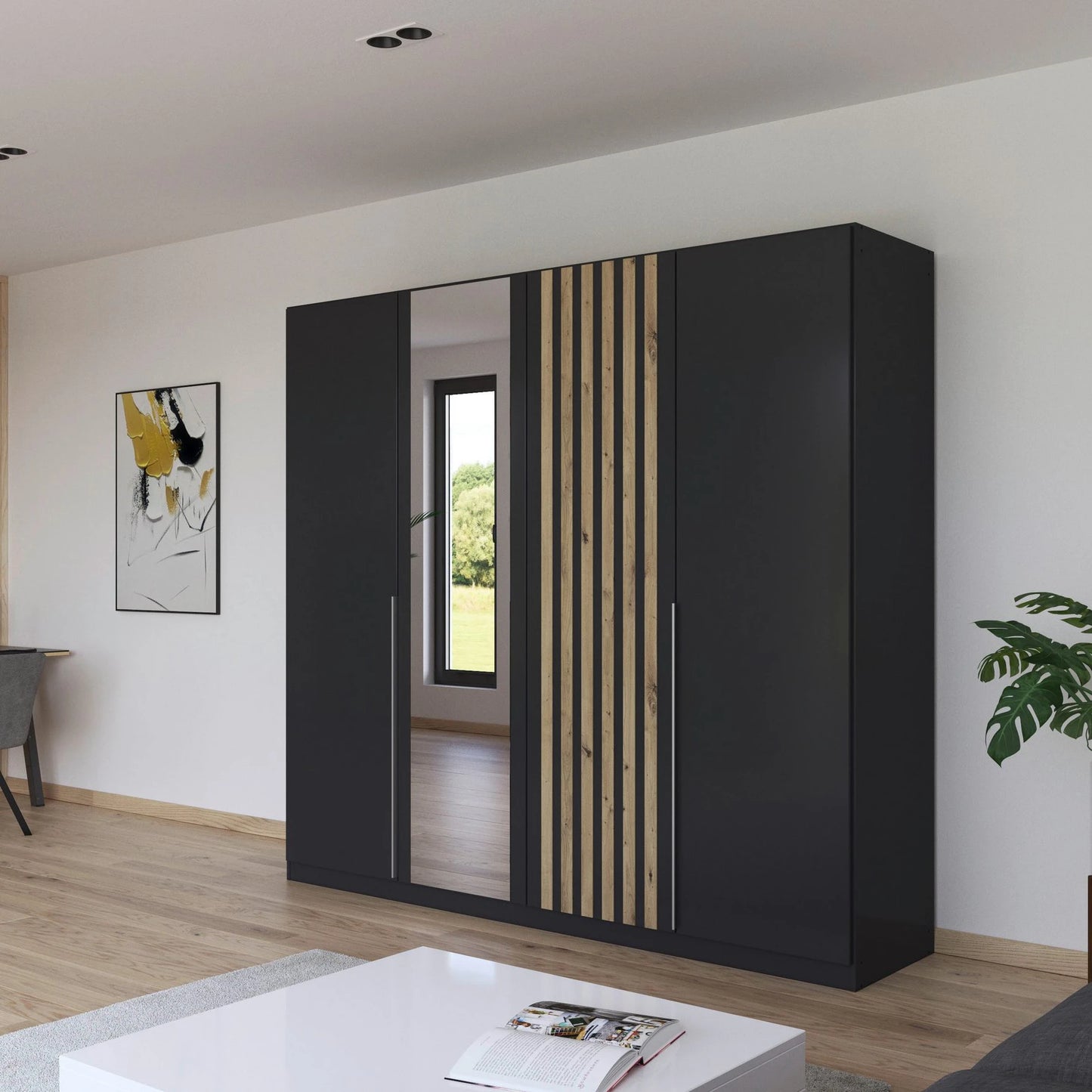 Rauch Lamela Hinged Door Wardrobe With Mirror in Metallic Grey styled in a bedroom