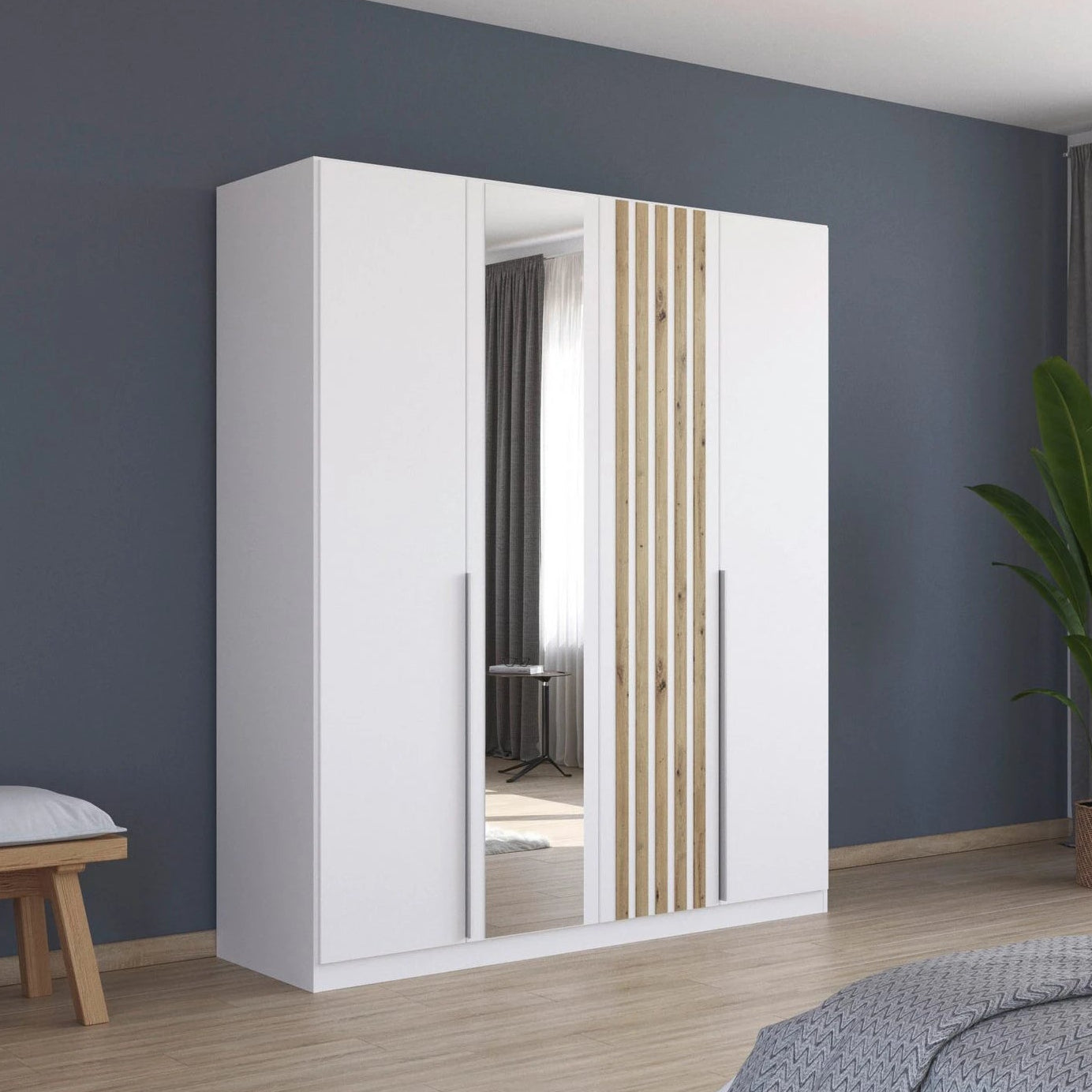 Rauch Lamela Hinged Door Wardrobe With Mirror in alpine white styled in a bedroom