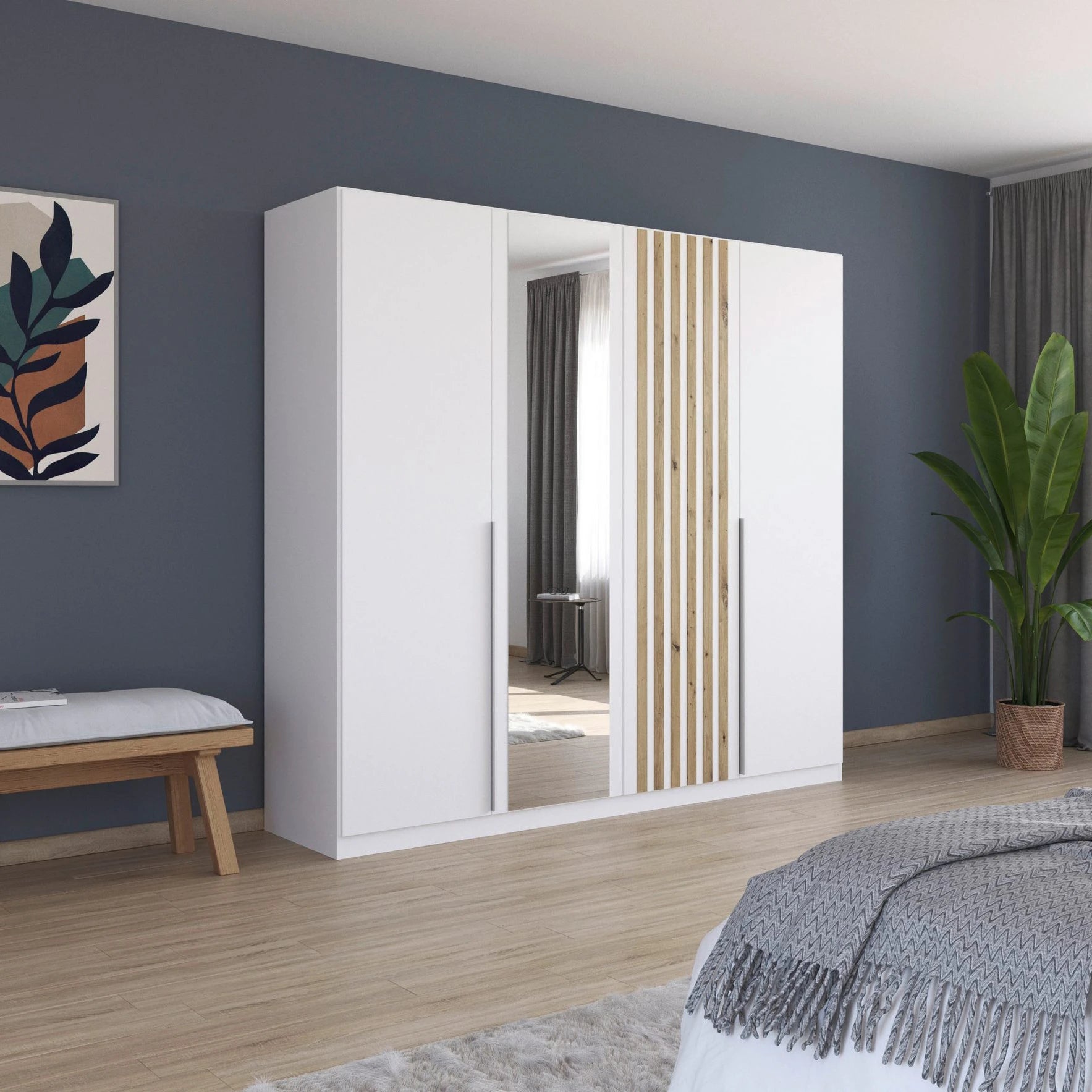 Rauch Lamela Hinged Door Wardrobe With Mirror in Alpine White styled in a bedroom