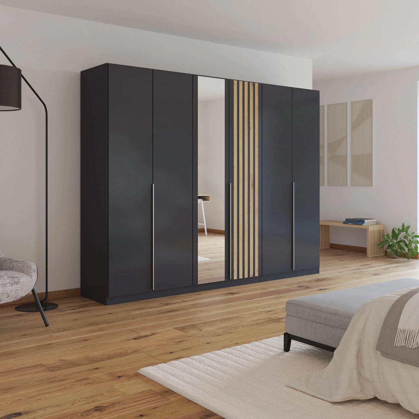 Rauch Lamela 271cm Hinged Door Wardrobe With Mirror in Metallic styled in a modern room