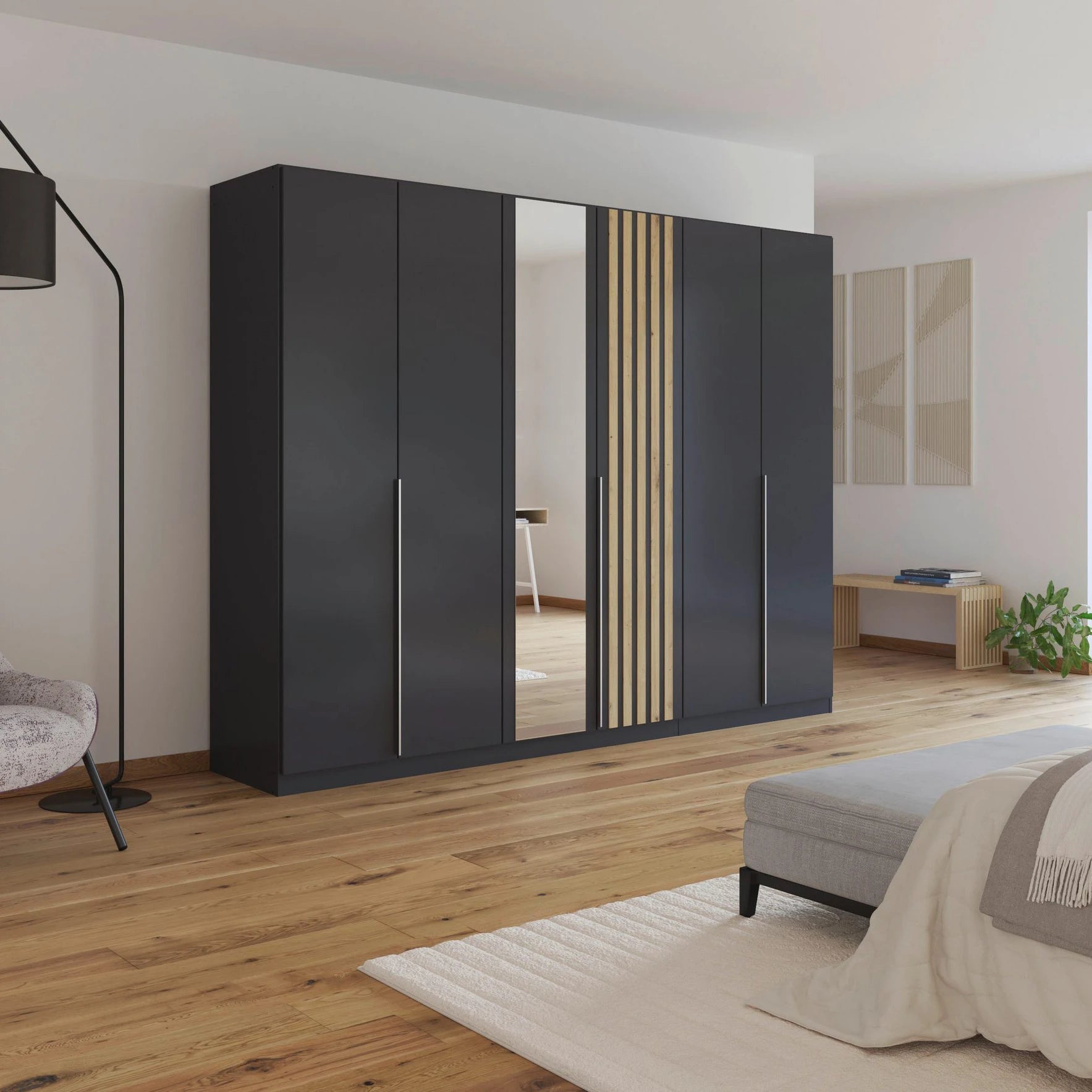 Rauch Lamela 271cm Hinged Door Wardrobe With Mirror in Metallic styled in a modern room
