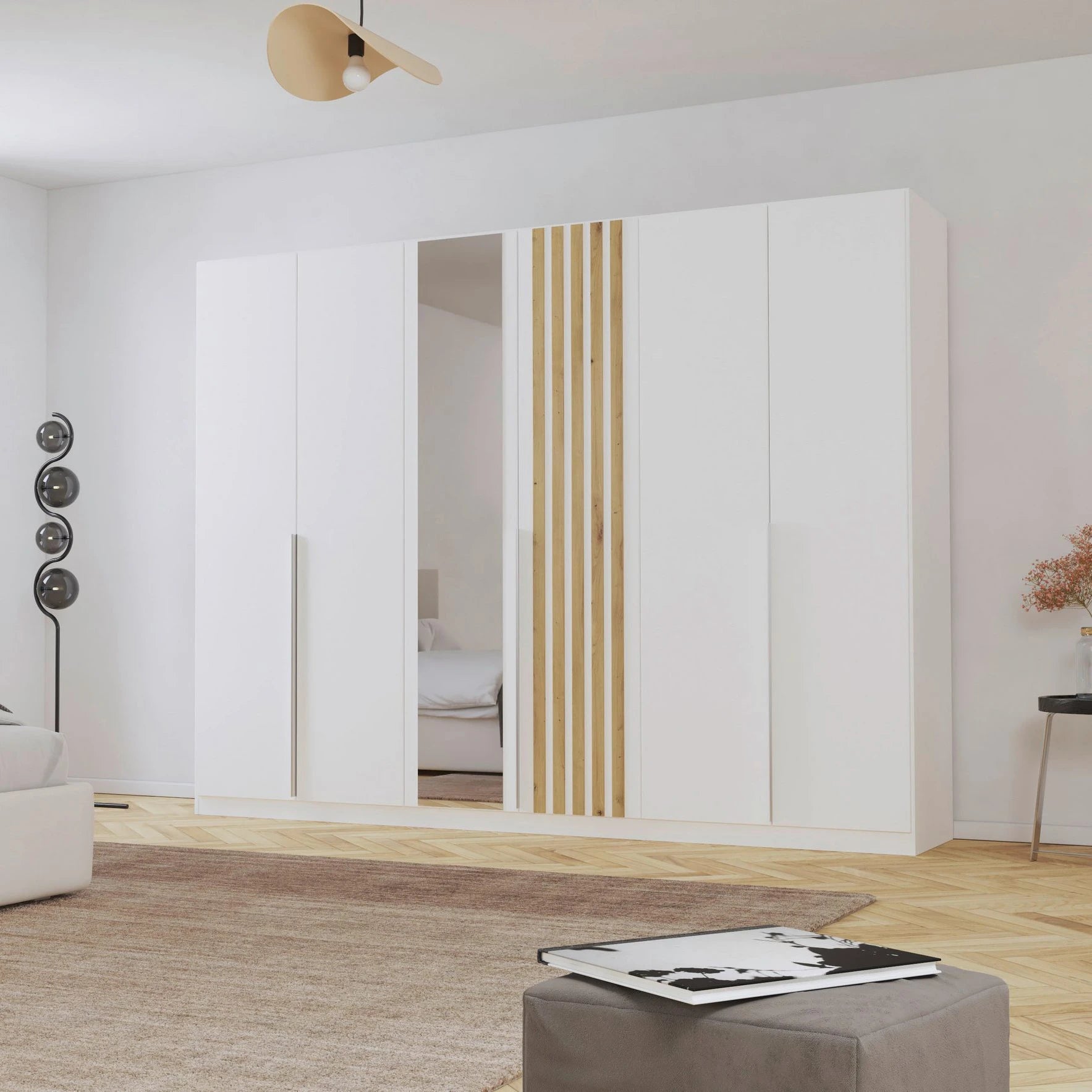 Rauch Lamela 271cm Hinged Door Wardrobe With Mirror in Alpine White styled in a room