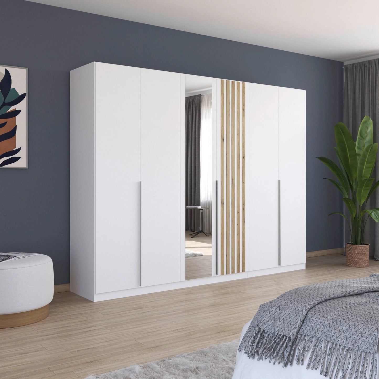 Rauch Lamela 271cm Hinged Door Wardrobe With Mirror in Alpine White styled in a bedroom