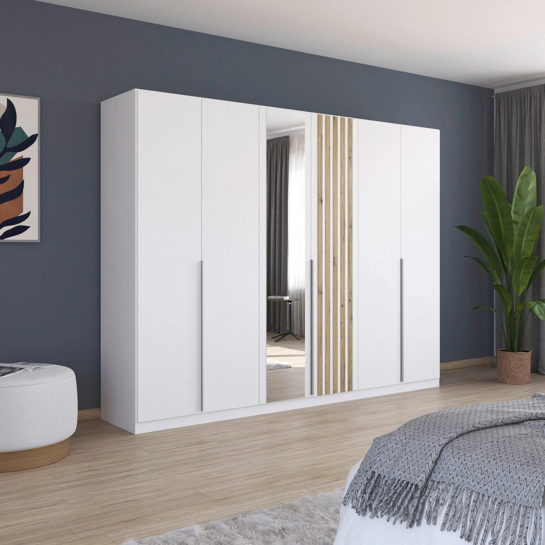 Rauch Lamela 271cm Hinged Door Wardrobe With Mirror in Alpine White styled in a bedroom