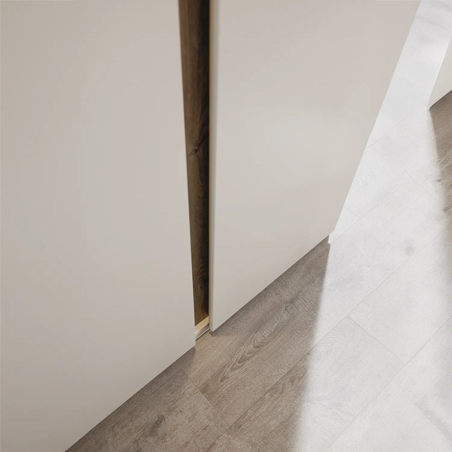 Oak Strip on Doors of Larisa 251cm Champagne & Atlantic Oak Hinged 5 Door Wardrobe 