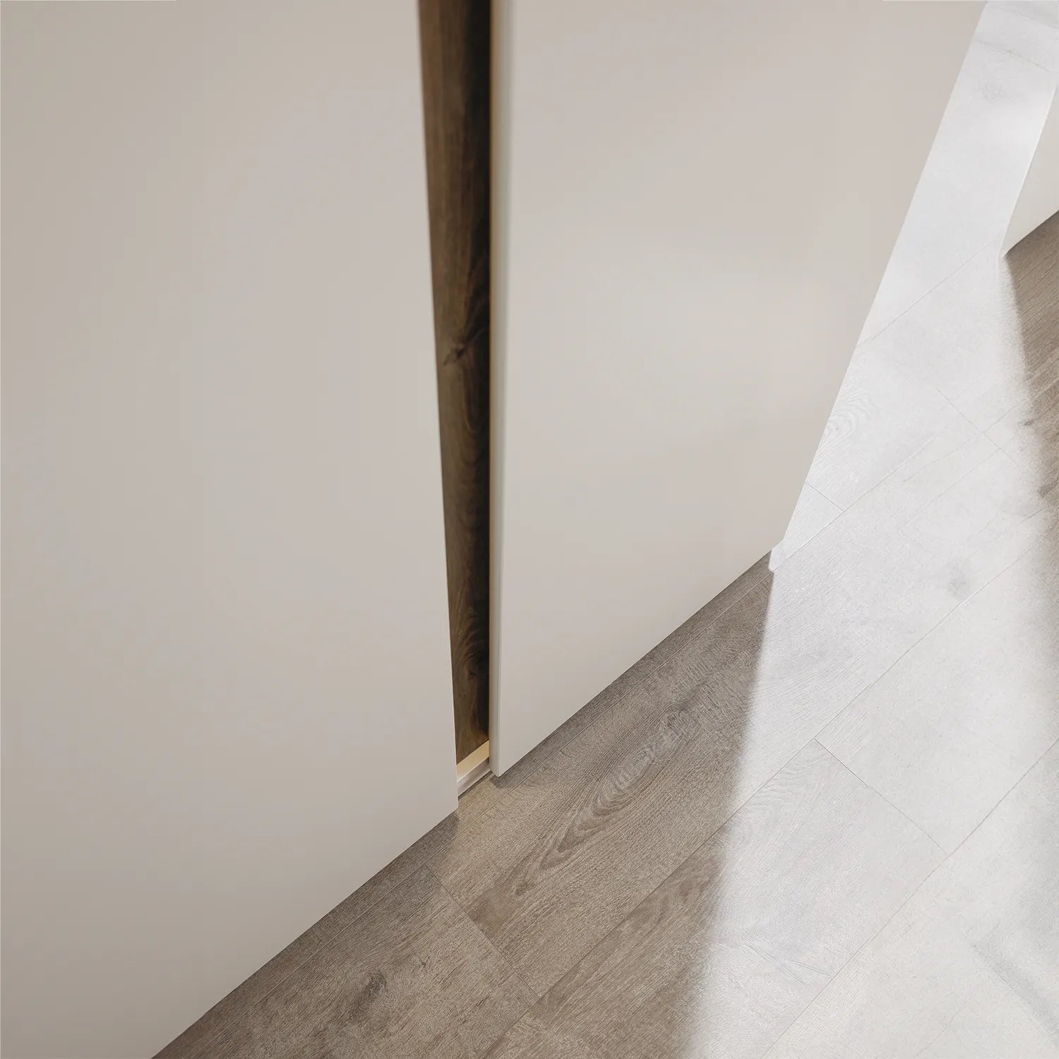 Oak Strip on Doors of Larisa 251cm Champagne & Atlantic Oak Hinged 5 Door Wardrobe 