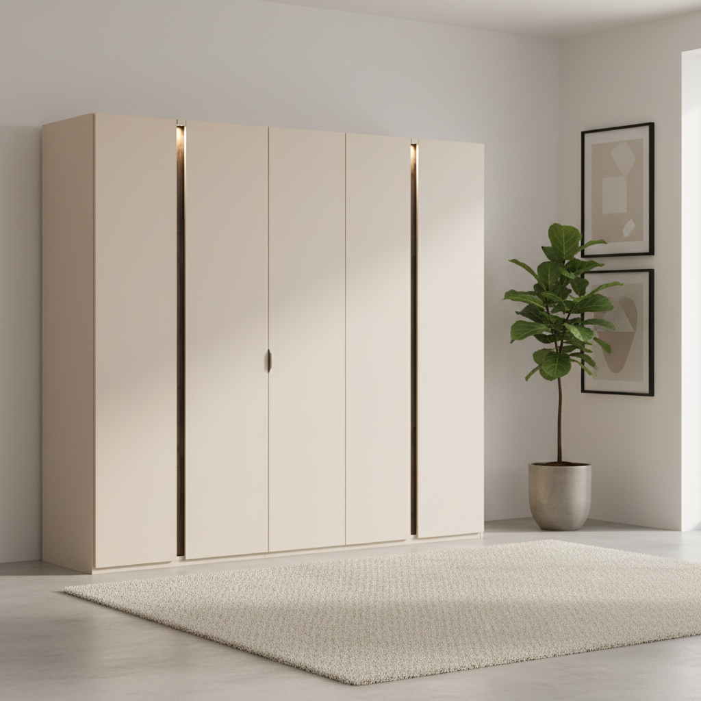 German-made Rauch Larisa 5 door wardrobe, 251cm wide, in champagne with Atlantic Dark Oak panels and optional integrated LED lighting.
